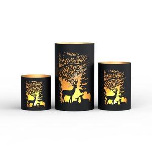 Décoration de Noël : Ensemble de 3 lanternes cylindriques en fer forgé avec motif renne et forêt découpé au laser - Product Image 1