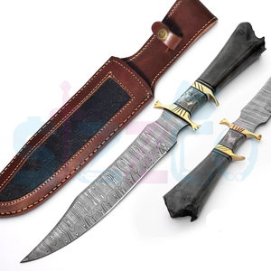 Beautiful Handmade Damascus Steel Bowie <b>Knife</b> with <b>Bone</b> <b>Handle</b> and Leather Sheath Brass Guard OEM Ready Logo & Custom Packaging - Product Image 5