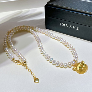 Collar de Perlas Naturales de Agua Dulce de 5-6 mm con Cabeza de Gatito Finamente Tallada, Estilo Europeo Americano, Colgantes de Moda para Clavícula - Product Image 1