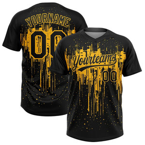 Custom Black <b>Yellow</b> Sublimated Baseball Jersey <b>Men</b> Short Sleeve Button V Neck Team Name Number Softball Jersey - Product Image 1