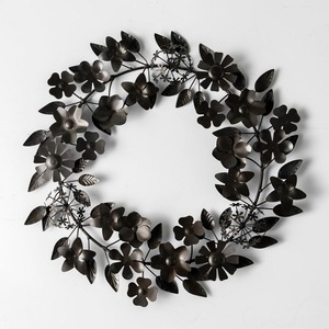 Stunning Black Wreath Beautifully Crafted With A Dense Wire Frame Adorned With Textured Metallic <b>Flowers</b> & Leaves For Home Decor - Product Image 1