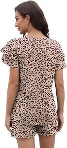 Conjunto de 2 Piezas para Mujer, Estampado de Leopardo, Verano, Top con Cuello en V y Pantalones Cortos con Cordón, Poliéster/Algodón, Corte Holgado - Product Image 4