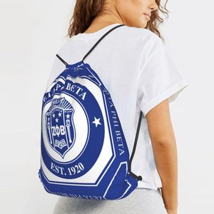 Custom Zeta Phi Beta <b>Drawstring</b> <b>Backpack</b> New York Alternate Limited Blue White Crest Design Cotton Sport Bag - Product Image 1
