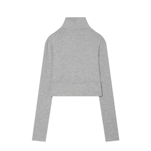 Women's <b>Cropped</b> Zipper <b>Jacket</b> Solid Color Stand Collar Full Sleeve Knitted Casual Outerwear Black Gray - Product Image 4