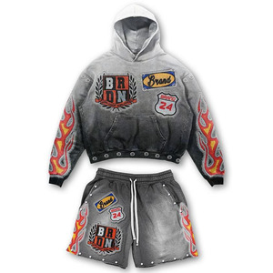 Premium 420 GSM cotton fleece acid wash grey flame panel hoodie and <b>short</b> set chenille <b>patch</b> embroidery custom logo Hoodie <b>Short</b> - Product Image 1