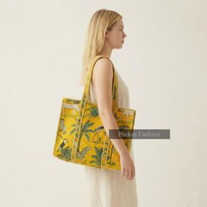 Bolso Tote de Algodón Acolchado de Jaipur al por Mayor con Cierre de Cremallera - Bolso Grande de Verano con Estampado de Animales de Safari para Viajes y Playa - Product Image 2