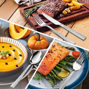 Juego de cubiertos con acabado plateado texturizado martillado, con tenedor, cuchara y cuchillo, para uso en el hogar, restaurantes, hoteles y eventos. - Product Image 6