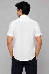 White <b>Linen</b> <b>Men's</b> <b>Short</b> <b>Sleeve</b> Button Down <b>Shirt</b> Casual Autumn Wear with Chest Pocket Solid Pattern 140 Grams - Product Image 3