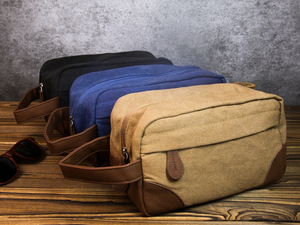 Double Zipper Canvas Leather Dopp Kit Custom Logo <b>Mens</b> Travel Toiletry Bag Waterproof Shaving Organizer <b>Pouch</b> LCTB-0052 - Product Image 5
