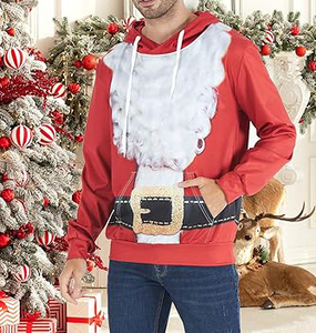 Men's <b>Red</b> Hooded Santa Claus Printed Hoodie Men <b>Red</b> White Fur <b>Belt</b> Design Casual Winter Sweatshirt Regular Fit Knitted Polyester - Product Image 4
