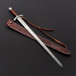 Couteau épée en acier carbone Damas forgé à la main, manche en bois, étui en cuir, couverts décoratifs pour exposition et collection, OEM - Product Image 4