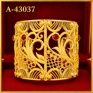 Gold Plated Cuff Bracelet Floral Design Red Rhinestones Women's Wedding Jewelry A-43037 - Product Image 1
