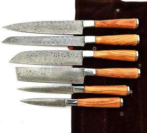 Couteaux de chef faits main de haute qualité, 6 pièces, motif Damas, avec manche en bois, bord dentelé tranchant, multi-usages, écologiques - Product Image 1