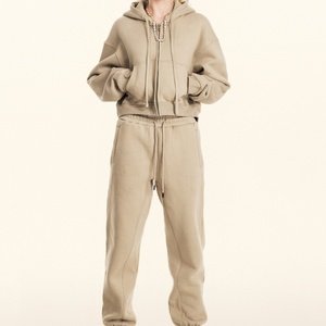 Women's Custom <b>Cropped</b> <b>Zip</b> <b>up</b> Tracksuit Set 100% Cotton French Terry Casual Sports Hoodie and Sweatpants Set - Product Image 3