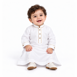 Thobe blanc pour bébés garçons avec bordure dorée, manches longues, Jubba Kandura islamique, vêtements arabes musulmans pour nourrissons et tout-petits, vêtements pour l'Aïd - Product Image 1