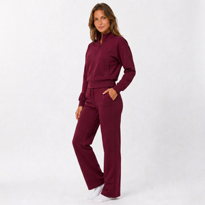 Ensemble de survêtement personnalisé pour femme de haute qualité, veste zippée à col montant et pantalon long, 100 % coton, tenue deux pièces unie, faible MOQ - Product Image 1