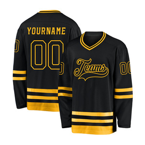 Maillot de hockey sur glace noir et jaune pour hommes, col en V, manches longues, logo des équipes brodé, en maille polyester respirante, vente en gros - Product Image 3