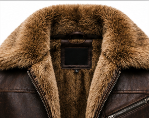 Veste en cuir véritable marron pour homme avec doublure en fausse fourrure, fermeture éclair, style motard, vêtement d'hiver - Product Image 5