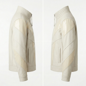Custom Mens Cream Leather <b>Jacket</b> Supplier Wholesale High End Glossy Paneled Urban Streetwear Outerwear Fashion Moto <b>Racer</b> Coat - Product Image 4