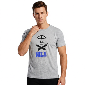 <b>Men's</b> Gray Short Sleeve T-Shirt with Front Letter Print Regular Fit <b>Turtleneck</b> Formal Style Knitted Cotton Breathable - Product Image 2