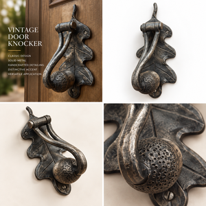 Vintage donkere metalen eikeldeurklopper met eikenblad achterplaat, rustieke traditionele decoratieve deurbeslag voor de entree. - Product Image 6