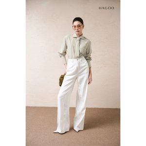 Q746 <b>White</b> High Waist <b>Wide</b> <b>Leg</b> Breathable Casual Washed Denim Loose Fit 4 Pocket Full Length <b>Women</b> <b>Trousers</b> - Product Image 1