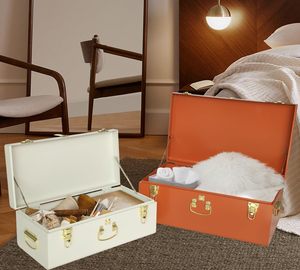 Vintage Style Decorative Trunk Set Rust Orange and Ivory Metal <b>Keepsake</b> <b>Boxes</b> with Polished Gold Latches for Bedroom Storage - Product Image 4