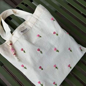 <b>Small</b> White Cotton <b>Canvas</b> <b>Tote</b> <b>Bag</b> Tulip Flower Embroidery Handbag Reusable Grocery Shopping Sack Daily Use Shoulder Carrier - Product Image 1