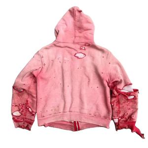 Sweat-shirt rose à capuche zippé pour homme, style punk déchiré et vieilli avec poche - Product Image 4