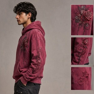 <b>Mens</b> Distressed Hoodie Embroidered Streetwear <b>Pullover</b> Sweatshirt with Relaxed Silhouette for Everyday Fashion - Product Image 3