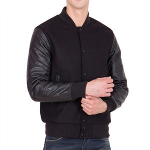 Chaqueta Varsity Negra para Hombre con Mangas de Cuero, Chaqueta Bomber Estilo Letterman, Chaqueta Casual de Béisbol, Ropa de Invierno Cálida y a la Moda - Product Image 1
