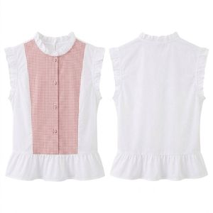 Chemisier élégant jaune pastel pour femme, avec plis décoratifs sur le devant, volant à la taille, en coton respirant, col rond, sans manches - Product Image 4