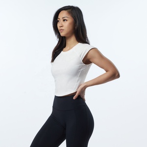 Polyester Summer Women's White Cap <b>Sleeve</b> <b>Crop</b> <b>Top</b> T-Shirt Solid Color O-Neck Quick Dry Sporty Fit Slim Knitted Velocity T-Shirt - Product Image 3