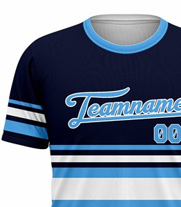 Camiseta Corex de Manga Corta para Hombre, Azul Marino con Rayas Azul Claro, con Estampado del Nombre del Equipo, Cuello Redondo, Corte Regular, Estilo Deportivo - Product Image 4