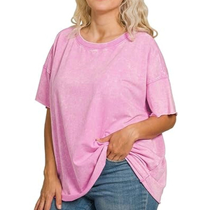 เสื้อยืดผู้หญิงไซส์ใหญ่ ล้างสีแบบแอซิดวอช โลโก้ OEM ตามสั่ง ผ้าฝ้าย 100% แขนสั้น ระบายอากาศ แห้งเร็ว สำหรับฤดูร้อน ขายส่ง - Product Image 5