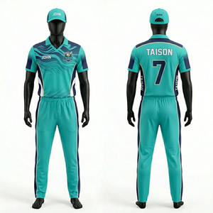 Tenue de cricket pour hommes, tissu polyester respirant de qualité supérieure 180 GSM, design à panneaux bleu marine et turquoise, logo personnalisé par sublimation - Product Image 1