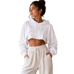 Top Corto con Capucha Gris para Mujer, Manga Larga, Tejido de Felpa, Color Sólido Informal, Transpirable, 100% Algodón, Ropa de Invierno, Bordado - Product Image 2