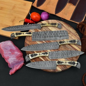Custom Handmade Durable Five-Piece Chef <b>Set</b> Ambidextrous Straight Edge <b>Sharp</b> Blades Damascus Steel Bone Handle Leather - Product Image 5