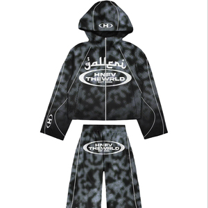 Ensemble sweat à capuche court et pantalon Hanfiye demi-ton noir et gris avec fermeture éclair |   Survêtement streetwear oversize - Product Image 1