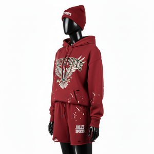 ชุดเซ็ตฮู้ดดี้และกางเกงขาสั้นผ้าฝ้ายผสมขนแกะสีแดงเลือดหมูพิมพ์ลายโลโก้ตามสั่งสำหรับผู้หญิง ผ้าฝ้าย 100% - Product Image 4