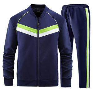 Men's Navy Blue Tracksuit With Lime Green And <b>White</b> Stripes Full Zipper Sporty Design Breathable Polyester Material Autumn Wear - Product Image 1