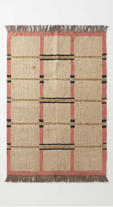 Pink Grid Wool Jute Area <b>Rug</b> Handmade Farmhouse Carpet Geometric Boho Rustic Living Room Bedroom <b>Natural</b> Fiber Floor <b>Rug</b> - Product Image 5