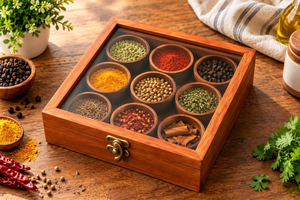 Handcrafted Wooden Spice <b>Box</b> 9 Compartment <b>Masala</b> Dabba with Glass Lid Traditional Kitchen Spice Storage Organizer - Product Image 3