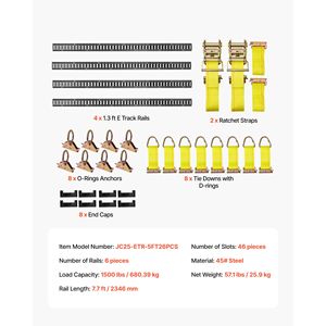Kit 4 Pezzi Binario E-Track da 2,35 m con 26 Accessori per il Controllo del Carico, Include 2 Cinghie a Cricchetto, 8 O-Ring, 8 Anelli di Fissaggio a D - Product Image 4