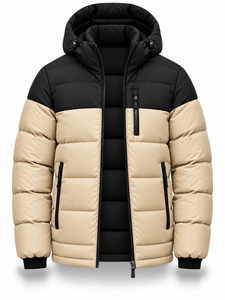 <b>Men's</b> Beige Black Hooded Puffer <b>Jacket</b> Waterproof Quick Dry Windproof <b>Smart</b> Casual Zipper Polyester Wadding Winter Regular - Product Image 4