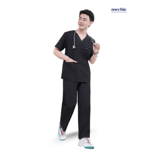 Conjunto de Uniforme Médico para Hombre, Cuello en V, Color Negro, Manga Corta, Tejido de Algodón y Poliéster, Incluye Pantalones - Product Image 1