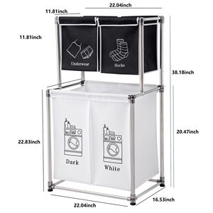 Cesto portabiancheria XL a 2 livelli con 4 sacchi rimovibili in cotone e plastica per la separazione di bianchi e scuri, per organizzare i vestiti - Product Image 3