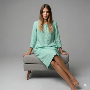 Luxury Yellow Plain Cotton Midi <b>Dress</b> With Button Front 3/4 Sleeve <b>Loose</b> Fit Boho Style Summer Casual <b>Dress</b> For Women - Product Image 4