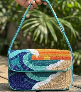 Sac bandoulière brodé à motif ondulé fait main avec perles de rocaille, pochette de soirée à thème marin, sac à bandoulière pour femme, sac de voyage d'été - Product Image 6
