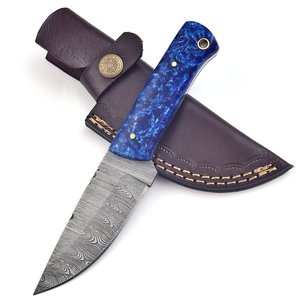 Couteau de chasse et de camping industriel DIY en acier Damas à lame pleine, manche en époxy, fourreau en cuir, forgé à la main, OEM ODM - Product Image 1